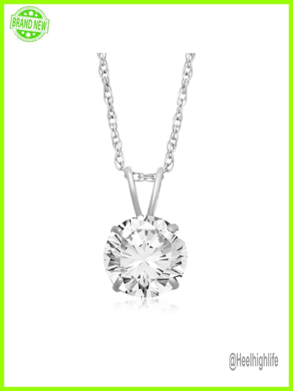 10K White Gold Cubic Zirconia Solitaire Pendant Necklace 18" Rope Chain